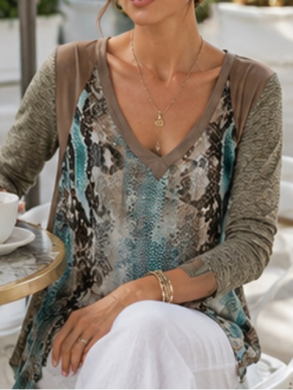 Citron Poeme Mixed Media Knit Top Tunic Silky Snake Print Front Asym Hem XL